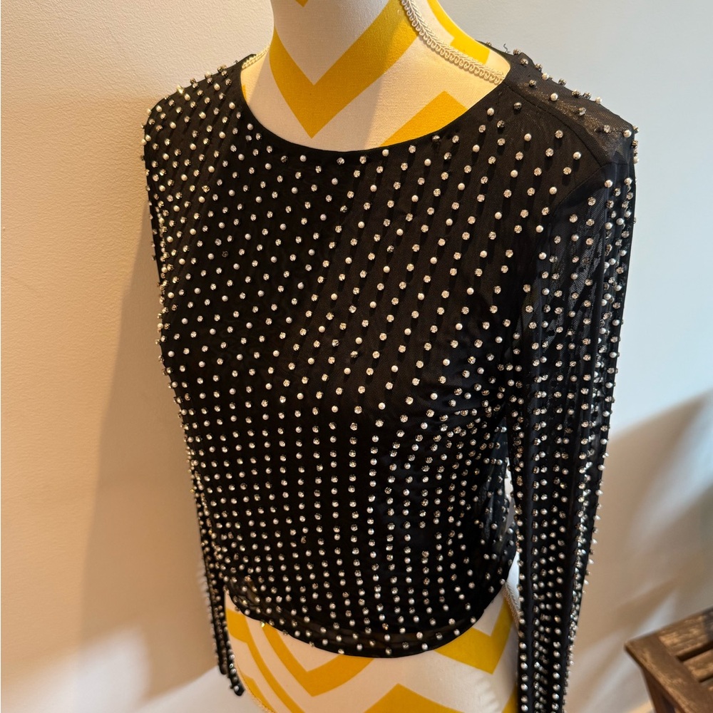 Alice and Olivia Sheer Black Rhinestone Studded Women's Top